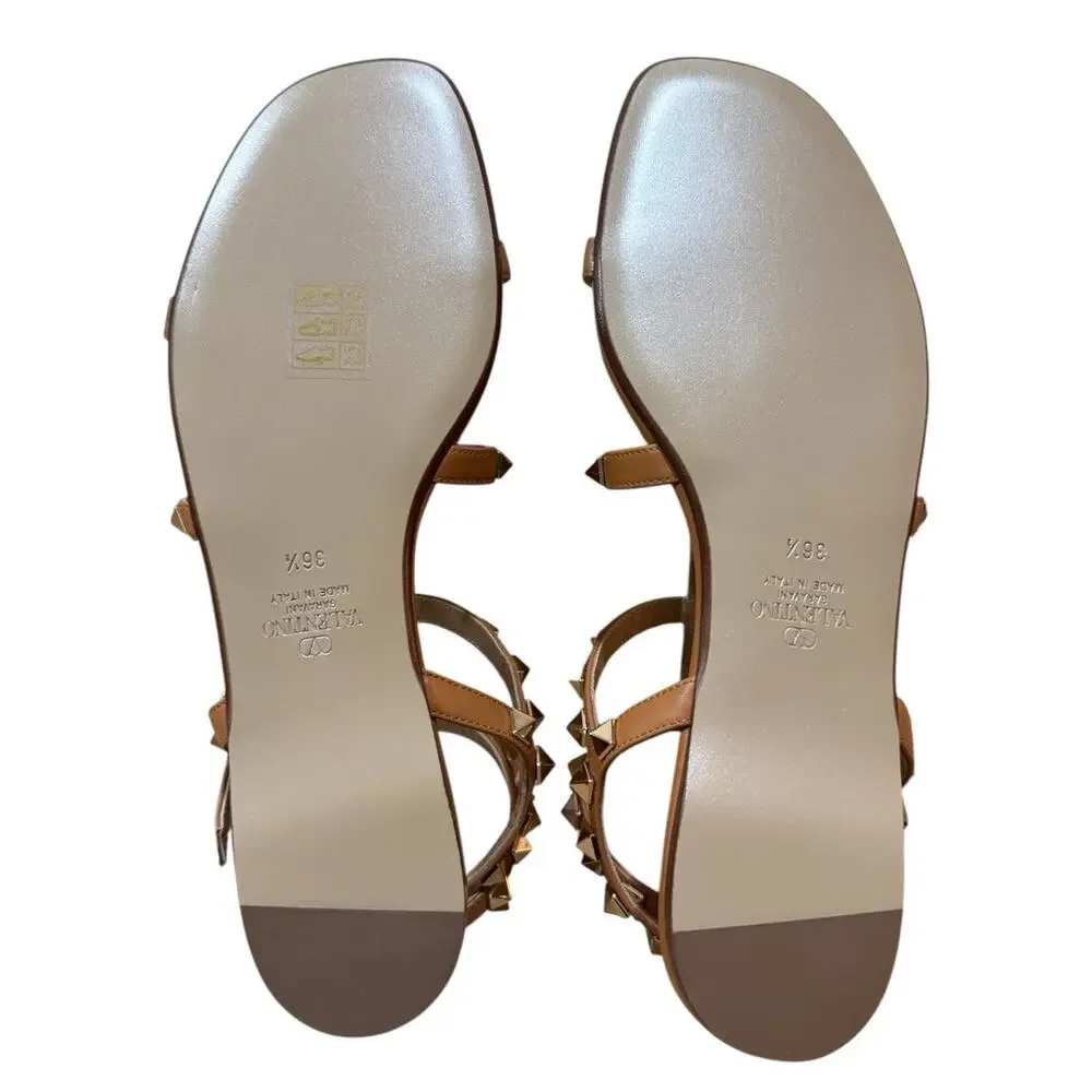 Valentino Garavani Rockstud Caged Leather Slide Sandal Almond Beige 36.5